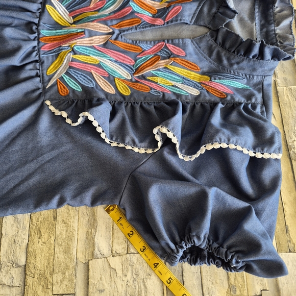 Fashion Blouse Size XL Denim Embroidered Boho Peasant Puff Sleeves Cottagecore - Picture 5 of 9